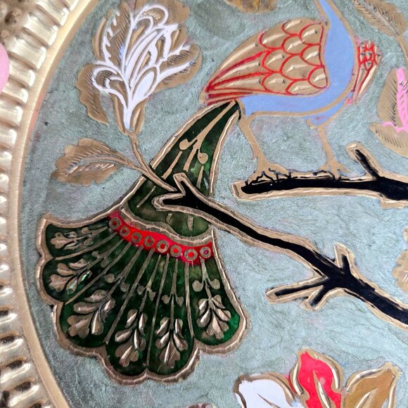 Vintage Brass Round Serving Tray with Enamel Peacock and Flowers Design. - Picture 3 of 6